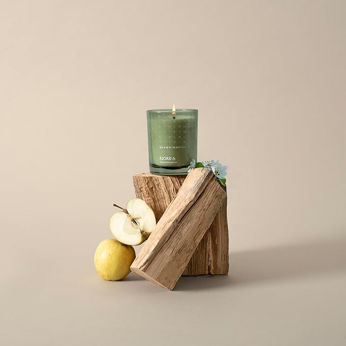 Skandinavisk Fjord Mini Scented Candle. Fragrance Notes: Apple and Pear Blossom, Orchard Fruits and Redcurrants. 2.3 oz. - Bloomnest