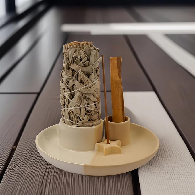 4 in 1 Incense Holder, Ceramic Incense Stick and Palo Santo Holder,Sage Holder for Burning- 5.5" Ceramic Ash Catcher Tray for Meditation and Yoga Room (Star Sand) - Bloomnest