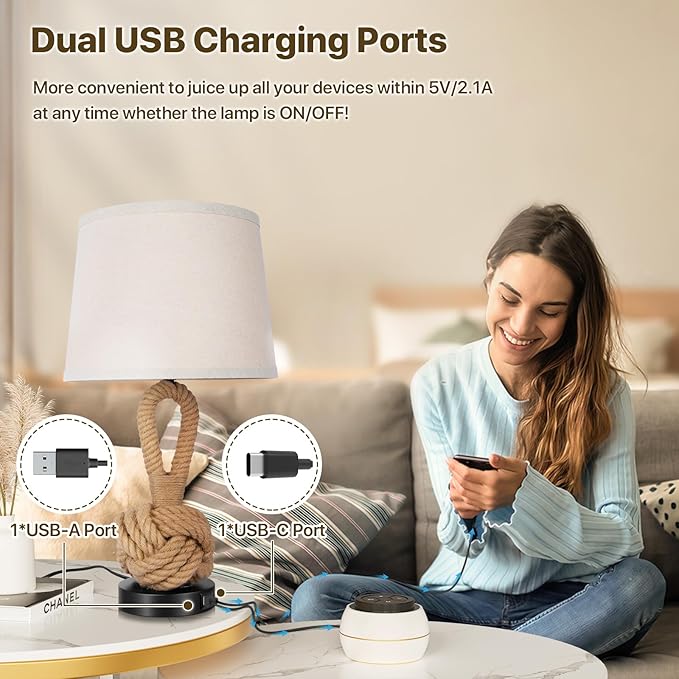 22" Rope Lamps for Night Stands, Bedside Lamps Set of 2, Boho Table Lamps for Living Room End Tables, 3-Color Temperatures Boho Lamp with Rotary Switch, Rattan Lamp with USB Ports, Bulbs Included - Bloomnest