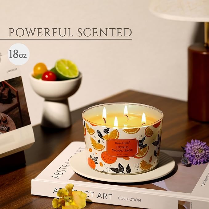 HomeLights Citrus Wood Sage Scented Candles | 18oz Soy Candles Eclectic Mixed Styles 4-Wick Large Candle Jars | Ideal Candle Gifts for Events, Home Decor Stress, Relief & Relaxation - Bloomnest