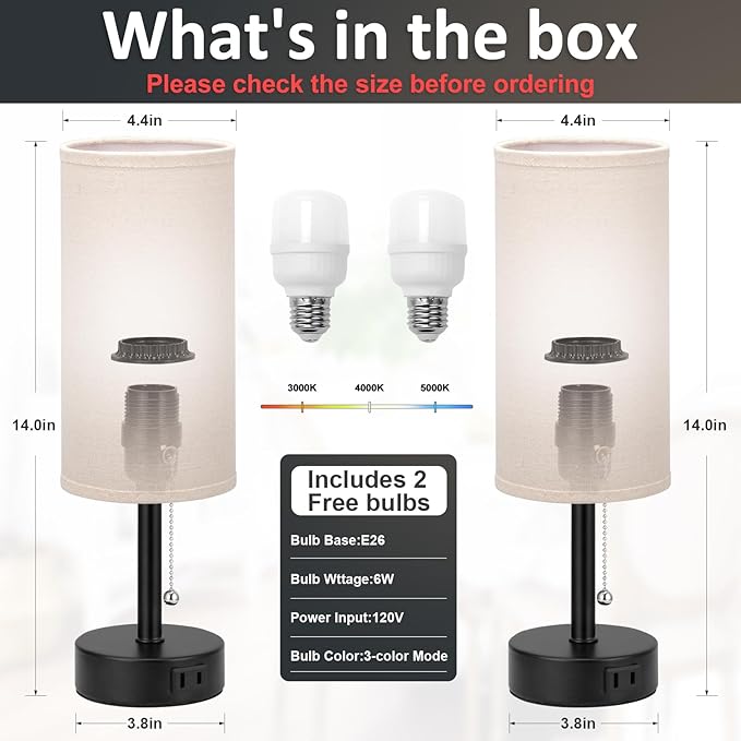Fenmzee Bedside Table Lamps Set of 2-3 Color Temperatures Pull Chain Lamp with AC Outlet Charging Port, Round Night Stand Lamps for Bedroom Guest Room Office, Small Bed Side Light with E26 LED Bulbs - Bloomnest