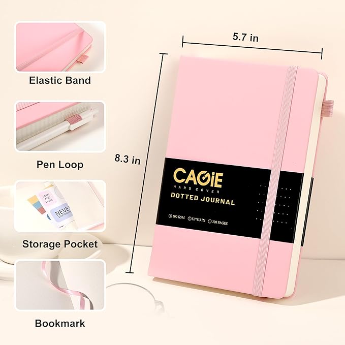 CAGIE Bullet Dotted Journal Notebook 320 Pages 100 GSM Paper Hardcover A5 Dot Grid Notebook Leather Journals for Writing Women Men Work Journaling, Pink - Bloomnest