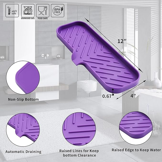 Silicone Bathroom Soap Dishes with Drain Spout-Bathroom and Kitchen Sink Organizer,Sponge Holder,Dish Soap Tray,Perfect for Dispenser,Scrubber,Bottle,Cup on Sink or Counter-Purple 12"×4" - Bloomnest