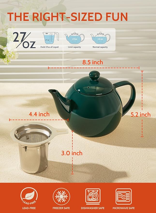 Sweese Teapots for Tea, 27 oz Porcelain Tea pot with Removable Stainless Steel Infuser, Tea Pots for Loose Tea - Dark Green - Bloomnest