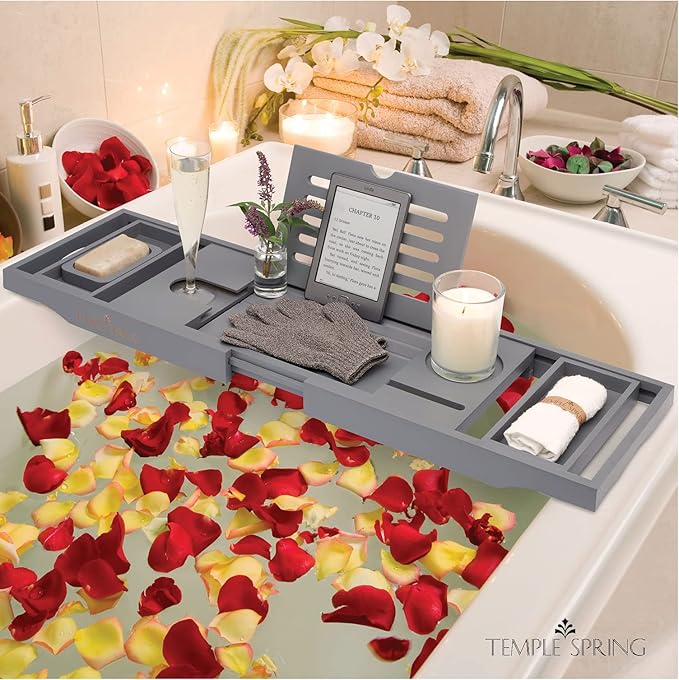 Temple Spring Wooden Bathtub Tray, Bamboo Bathroom Accessories, Bath Tray for Tub, at Home Spa Essentials, Board for Tub Table, Bath Caddy for Bathtub Accessories & Bathroom Essentials – Slate Grey - Bloomnest
