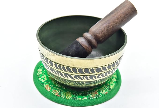 4.5 Inch Etching Handmade Singing Bowl Yoga Meditation, with cushions and Mallet,Heart Chakra (Green) from Nepal - Bloomnest