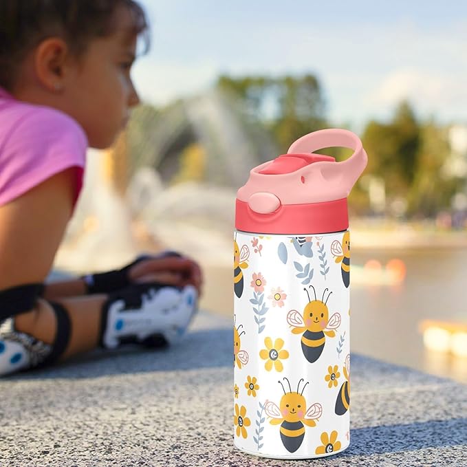 Funny Bee Honey Kids Insulated Water Bottle, Toddlers Tumbler Travel Cup with Straw & Handle Stainless Steel Cup for Travel School Girls 12 oz - Bloomnest
