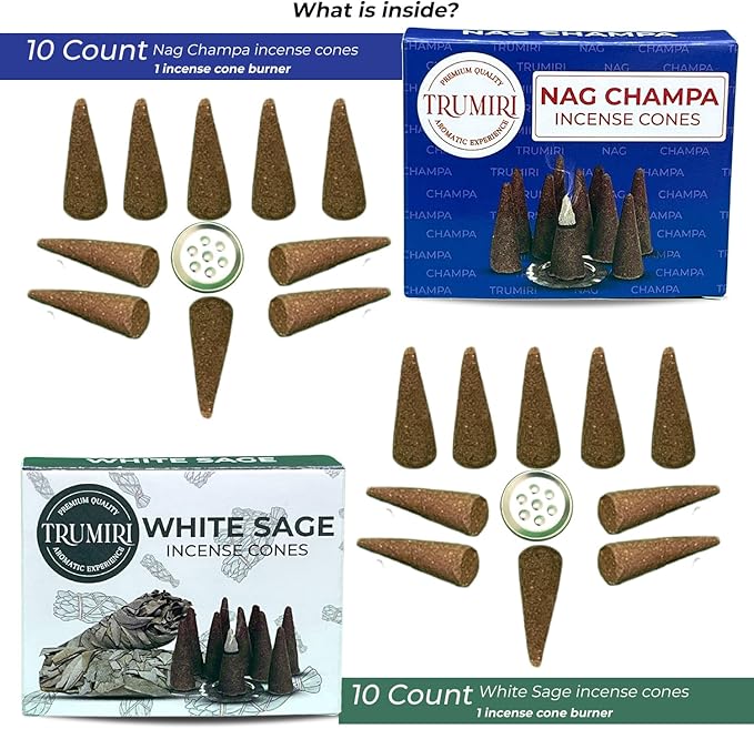 TRUMIRI Incense Cones - Combo Pack of 20 Cone Incense - 10 Nag Champa + 10 White Sage - Insence Cones - Incense Cones Scented - Cone Incense Scents - Insense Cones - Incent Cone TRUMIRI