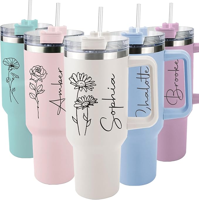 ThermoThrill Ships Next Day, Personalized 40 Oz Tumbler with Handle and Straw Custom Tumbler with Text Stainless Steel Mug Birthday Gifts for Women - Bloomnest