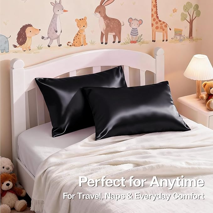 MR&HM Satin Pillowcase for Hair and Skin, Silk Satin Pillowcase 2 Pack, Toddler Size Pillow Cases Set of 2, Silky Pillow Cover with Envelope Closure (13x18, Black) - Bloomnest
