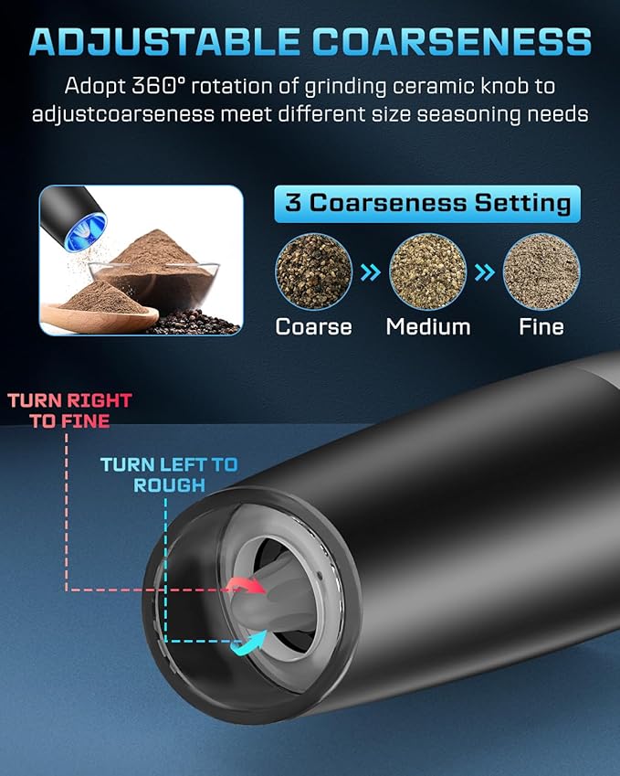 XinXu Gravity Electric Pepper and Salt Grinder Set, Adjustable Coarseness, with LED Light, One Hand Automatic Operation (Rechargeable Set/Black X) - Bloomnest