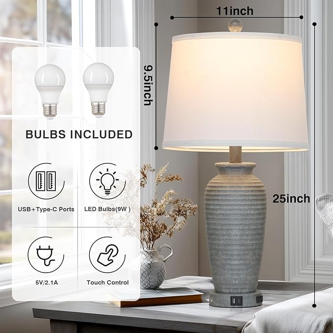 25" Grey Farmhouse Jar Table Lamps, 3 Way Touch Control Rustic Bedside Lamps with USB A+C Ports & AC Outlet, Pot Nightstand Lamps for Bedroom End Table (LED Bulbs Included) - Bloomnest