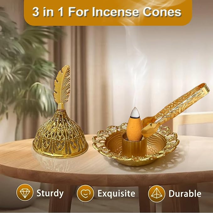 Majewel 3 in 1 Incense Holder, Vintage Incense Holders for Sticks with 9 Holes, Incense Burner Ash Catcher, Brass Incense Stick and Cone Burner for Meditation, Yoga, Home Decor (Feather)