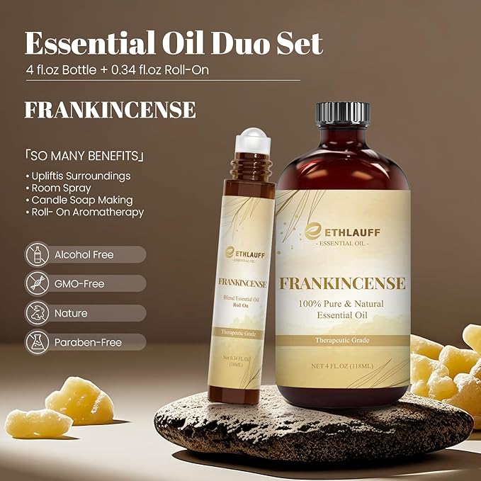 Frankincense Essential Oil (4 fl.oz Bottle + 0.34 fl.oz Roll-On) — Frankincense Oils for Aromatherapy, Diffusers, Humidifiers, Home fragrances, DIY Skincare, Candle, Soap Making, Relaxation, Yoga Ethlauff