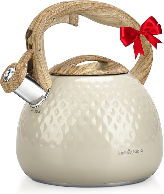 Tea Kettle Stovetop Teapot, 2.5 Quart Loud Whistle Food Grade Stainless Steel and Smooth Wood Pattern Handle, Sophisticated Look for Hiking, Picnic, for Tea, Coffee Milky White - Bloomnest