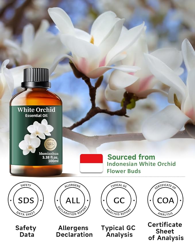 Mumianhua White Orchid Essential Oil Pure - Therapeutic Grade Aromatherapy Oil for Skin Care, Diffuser & Candle Making 100ml 3.38 Oz w/Dropper - Bloomnest