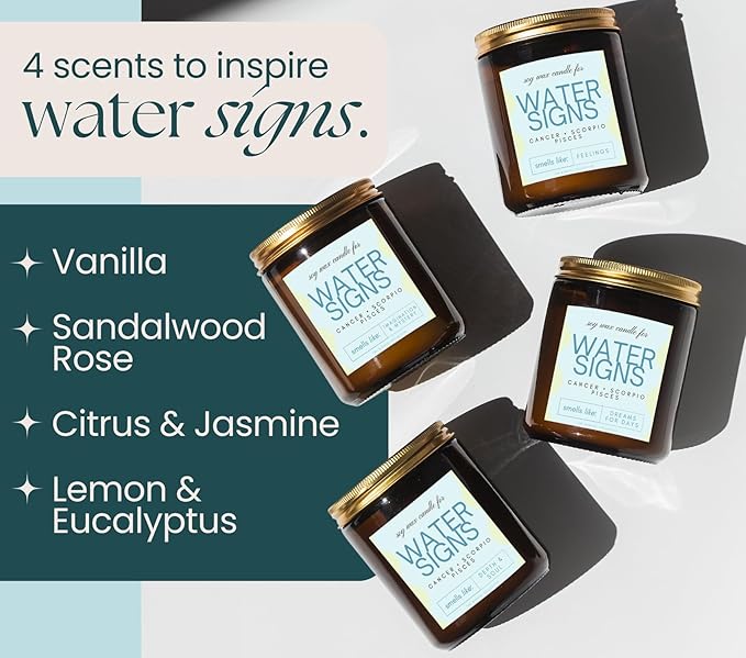 Pisces, Cancer, Scorpio Gifts for Women - 4Pack Wood Wick Candles, 6oz Small Candles Set for Women. Zodiac Astrology Birthday Spiritual Gifts, Natural Soy Wax - Bloomnest