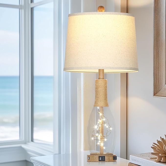 28" Coastal Table Lamps for Bedroom Set of 2, Farmhouse Glass Lamps with 3-Way Dimmable Touch Control Fairy Lights & Type-C Charging for Living Room Nightstand, Beach Nautical Bedside Lamp Rustic Wood - Bloomnest