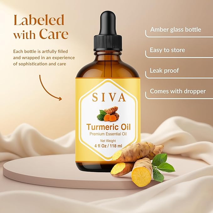 Siva Turmeric Essential Oil - 4 Fl Oz – 100% Natural Turmeric Oil - for Diffuser, Face, Skin Care, Aromatherapy, Hair Care, Scalp and Body Massage - with Dropper - Bloomnest