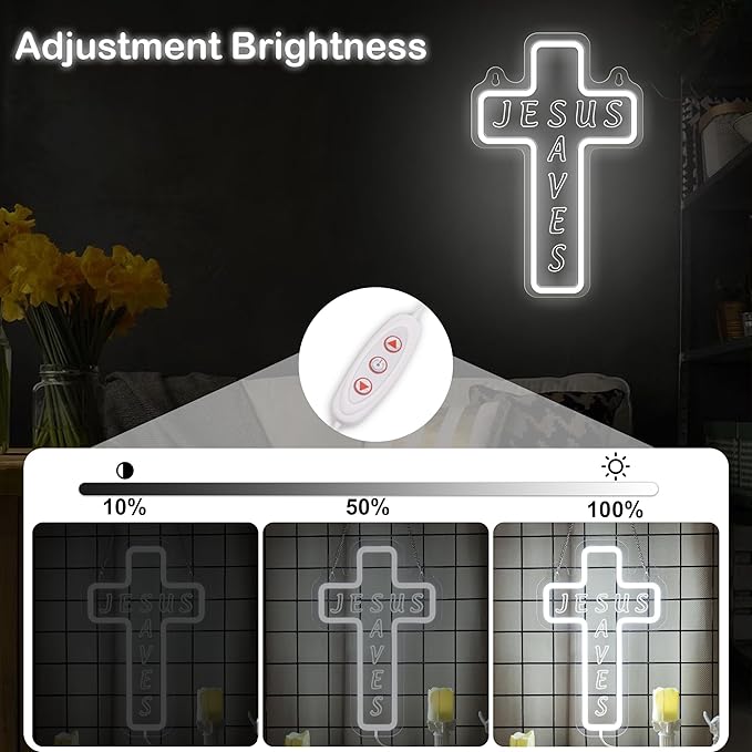 Jesus Cross Neon Sign for Wall Decor, Attivolife Light up Special Religional LED Lamp with Dim USB Powered, Unique Home Living Room Business Cafe Shop Bar Party Decor Birthday Christmas Day Gift - Bloomnest