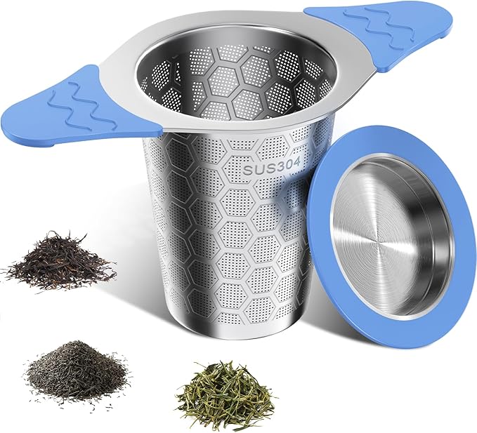 Tea Infuser for Loose Leaf Tea,18/8 Stainless Steel Tea Infuser with Heat Proof Silicone Handles,Extra Fine Mesh Tea Strainers Filter Fine Tea Leaves Effectively,Fits TeaPots/Mugs -Blue - Bloomnest
