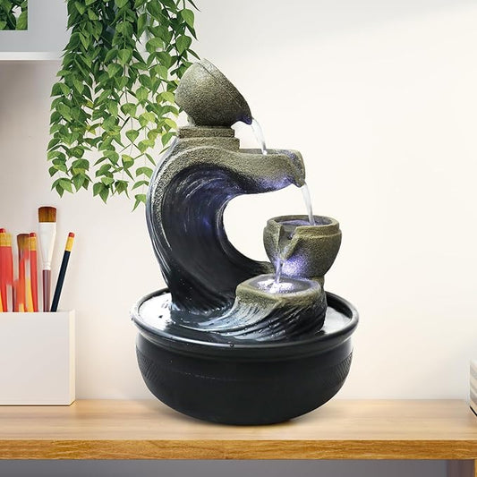 Indoor Tabletop Water Fountain with LED Light - 15.7-inch High 4-Tier Desktop Waterfall Fountain for Home Bedroom Office Decor