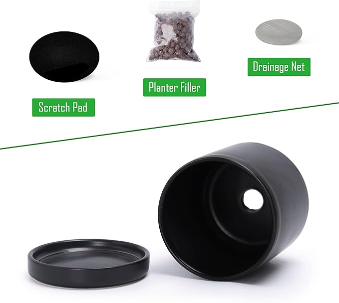 D'vine Dev Set of 2 Plants Pots, 3.5 Inch Ceramic Planter Pot for Plants with Drainage Hole and Saucer, Black, 94-V-A-2 - Bloomnest