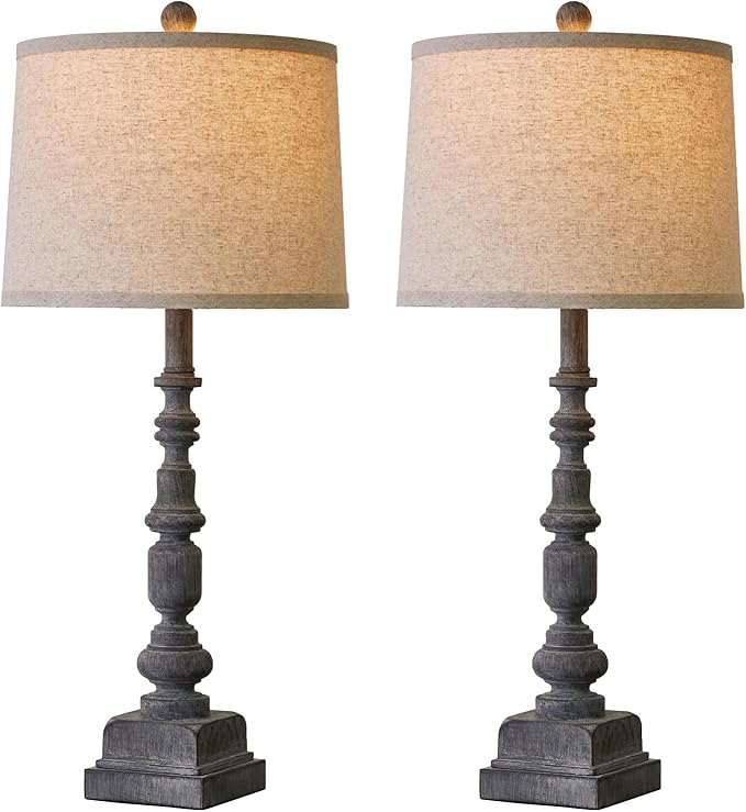 Oneach 27.75" Vintage Farmhouse USB A+C Table Lamps Set of 2 for Living Room Traditional Bedside Lamps for Bedroom Office Mid Century Table Lamp Antique Grey Accent Rustic Lamps for End Table - Bloomnest