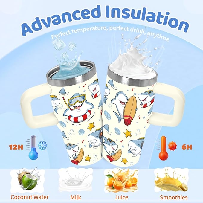 14oz Smiling Shark Tumbler with Handle and Straw, Stainless Steel Vacuum Insulated Tumblers, Birthday Gifts for Shark Lover, Daughter, Son, Sister - Bloomnest