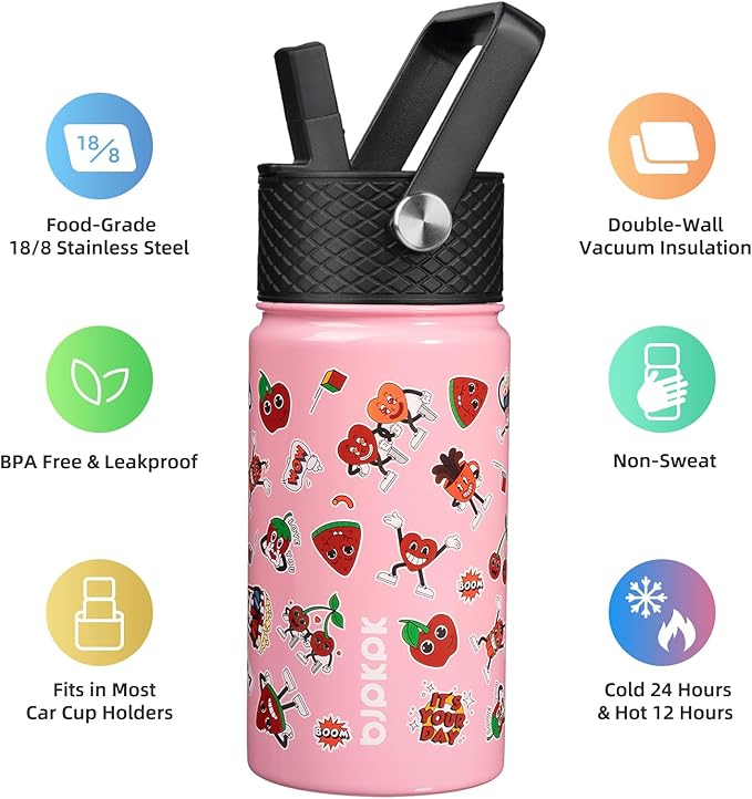 BJPKPK Insulated Water Bottle with Straw Lid, 15oz Stainless Steel Metal Water Bottles, Reusable Leak Proof BPA Free Thermo, Cups, Passionate-Pink - Bloomnest
