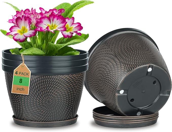 Quarut 4 Pack 8 Inch Flower Pots for Outdoor Indoor, Plastic Plant Pots with Drainage Hole & Saucer, Lightweight Small Flower Pot, Circle Pattern Planters for Garden House planters（Black Copper） - Bloomnest