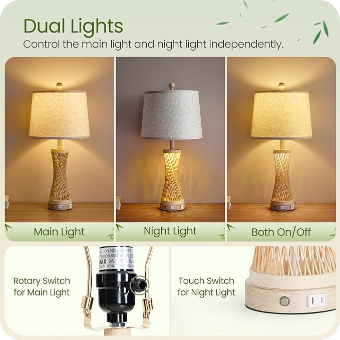 24.4” Farmhouse Rattan Table Lamps Set of 2, Touch Bedside Lamps for Bedroom with 3-Way Dimmable Night Light, USB A+C Charging Ports, Bamboo Boho Nightstand Lamp with Beige Linen Shade H04TL05 - Bloomnest