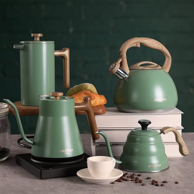 Poliviar Tea Kettle, 2.7 Quart Seaweed Green Finish with Wood Pattern Handle Loud Whistle Food Grade Stainless Steel Teapot, Anti-Hot Handle and Anti-Rust, Suitable for All Heat Sources (JX2020-SB30) - Bloomnest