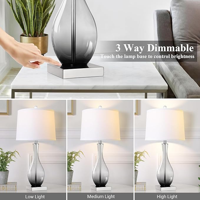 Table Lamps Set of 2 with Touch Control, 3-Way Dimmable Modern Glass table lamp for Living Room with USB C and A Charging Ports， 27" Bedside Desk Lamps for Nightstand Decorations(LED Bulbs Included) - Bloomnest