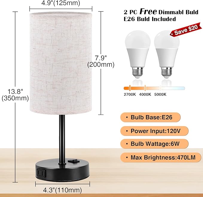 ZJOJO Table Lamp for Bedroom Set of 2, Bedside Small Lamps with 3 Way Dimmable Rocker Switch and AC Outlet, Nightstand Desk Lamp with Flaxen Fabric Shade Black Base for Living Room Home Decor Lights - Bloomnest