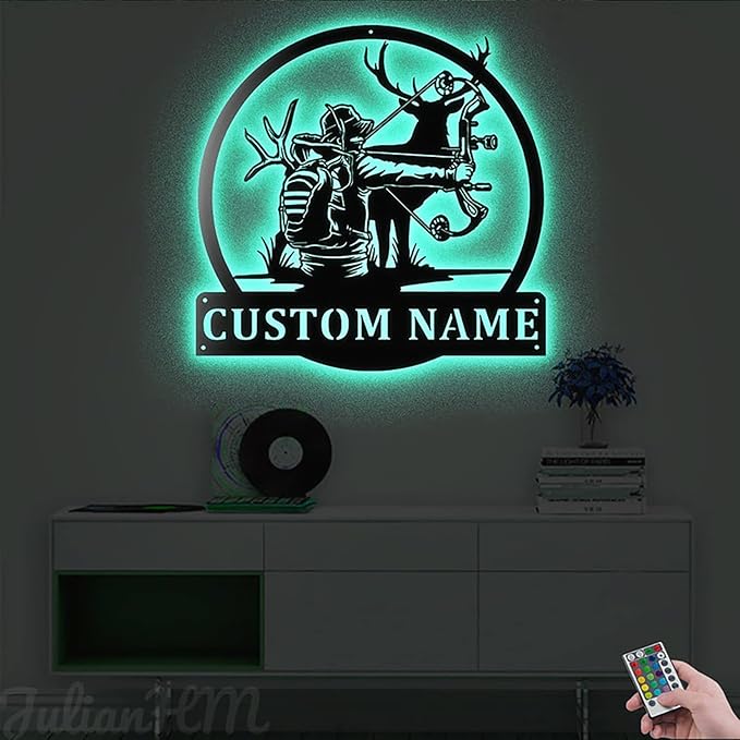 Lovely POD Personalized Hunting Metal Sign, Hunting Art, Custom Deer Bow Hunting Wall Art with LED Lights, Personalized Hunter Name Sign Decoration for Living Room, Hunting Deer Home Décor - Bloomnest