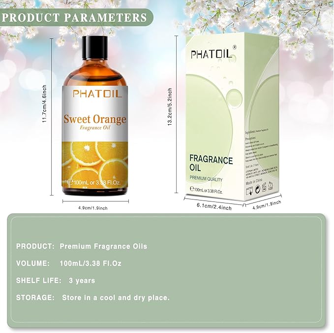 PHATOIL 100ML Sweet Orange Fragrance Oils for Aromatherapy, Diffuser Oils for Home, Perfect for Humidifier, Yoga, DIY Candle and Soap Making - 3.38FL.OZ - Bloomnest