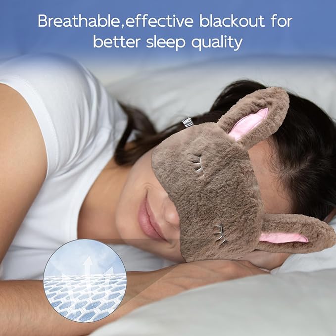 Cute Animal Sleeping Mask Sleep Mask, Soft Plush Rabbit Eye Mask for Travel Nap Sleeping Blindfold Eye Cover Eyeshade for Adult Kids Girls Teens Men Women - Rabbit, Brown - Bloomnest