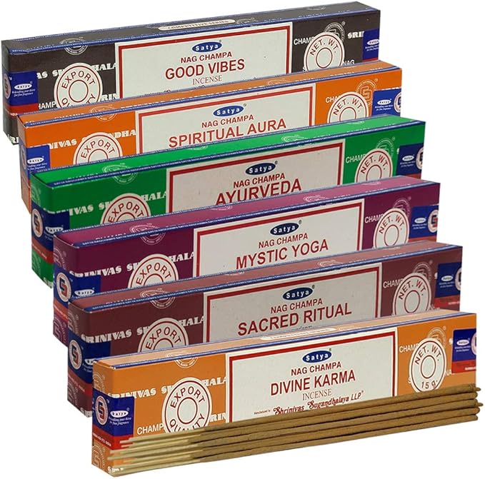 Satya Incense Sticks Variety Pack #5 and Incense Stick Holder Bundle with 6 Yoga and Meditation Themed Fragrances TRUMIRI