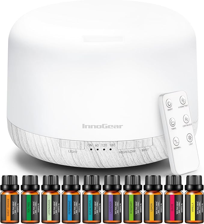 InnoGear Aromatherapy Diffuser & 10 Essential Oils Set, 500ml Essential Oil Diffuser with Remote Control Ultrasonic Cool Mist Scent Humidifier Vaporizer Auto-Off Timer for Room Office Home, White - Bloomnest