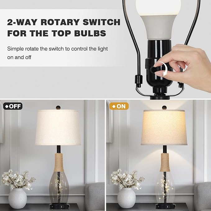 28" Tall Coastal Table Lamps Set of 2, Glass Black Modern Table Lamps with 3-Way Dimmable Touch Control Fairy Lights & Type-C Charging, Beach Nautical Bedside Lamps for Living Room Bedrooms End Table - Bloomnest