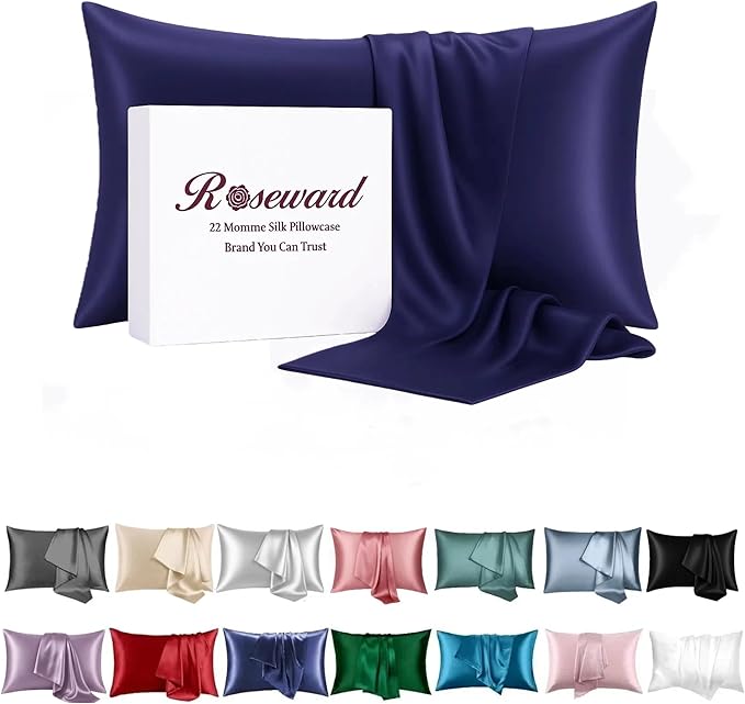 Navy Blue Silk Pillow Cases with Zipper Standard Size, USA Made, Real 22 Momme Mulberry Silk Pillowcase for Sleeping Women, Cooling, Anti Acne (Navy Blue, Standard) - Bloomnest