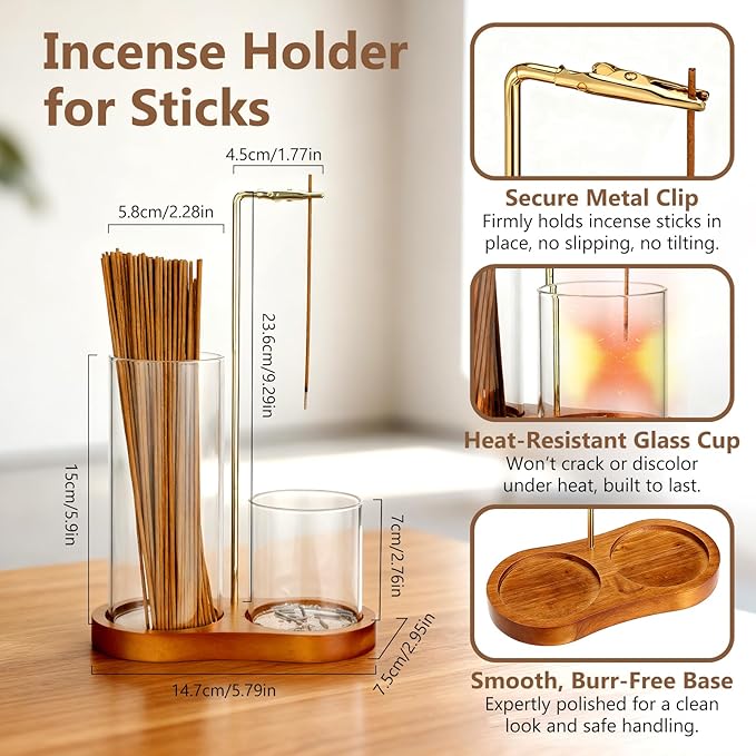 3 in 1 Incense Holder with Enlarged Ash Catcher for Sticks & Cones, Mess-Free Incense Burner with Brush, Ideal for Meditation, Yoga, Spa, Home Decor & Gift