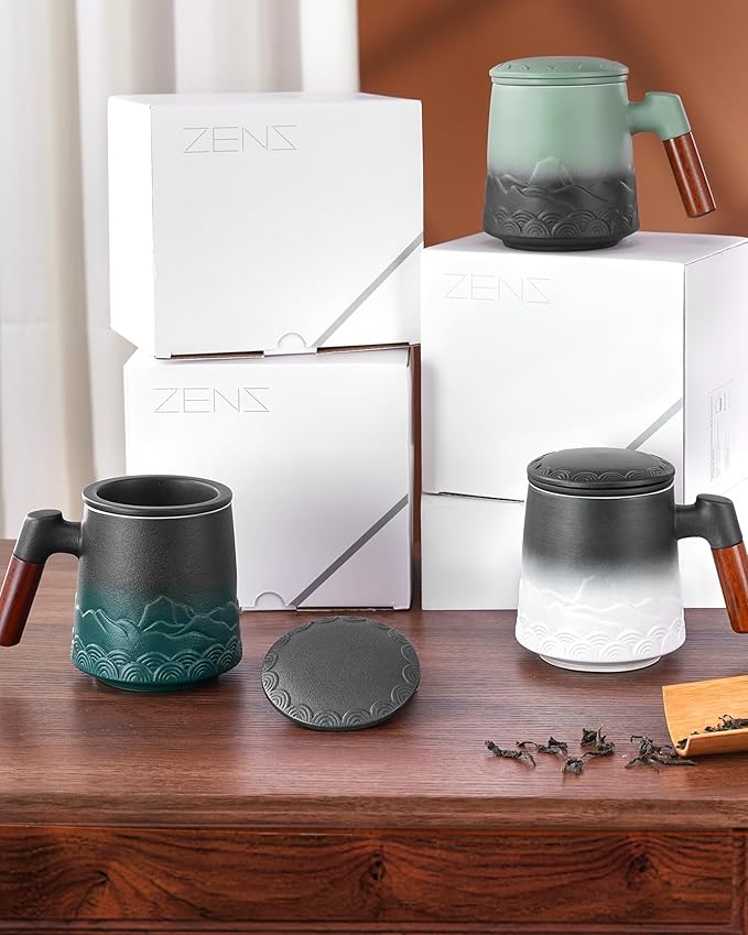 ZENS Tea Mug with Infuser and Lid for Loose Leaf Tea Steeper, 16.9oz Embossed Ceramic Tea Cup with Fine Tea Strainers, Wood Handle Large Diffusers Mugs for Tea Lovers Gifts - Bloomnest