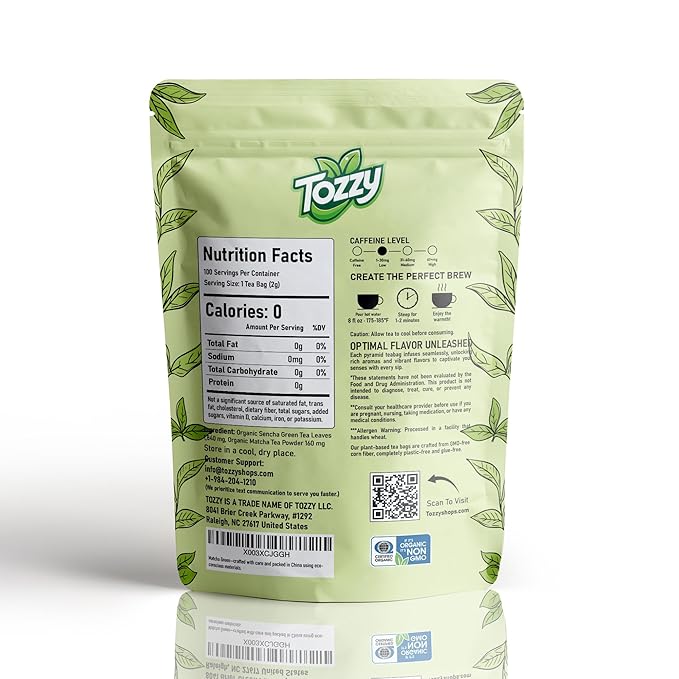 Tozzy Organic Matcha Green Tea – 100 Count, Plant-Based Pyramid Tea Bags | Ceremonial Matcha + Whole Leaf Sencha - Bloomnest