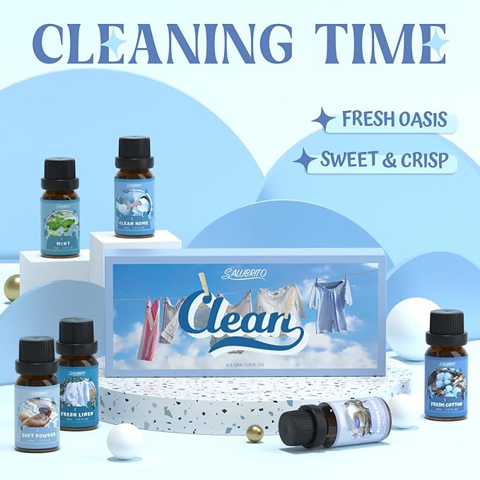 SALUBRITO Clean Fragrance Oils Set, Premium Essential Oils Set for Diffuser, Candle, Soap Making, Fresh Cotton, Clean Home, Fresh Linen, Soft Powder, Blossom Soap, Mint, Strong Scented Oils - Bloomnest