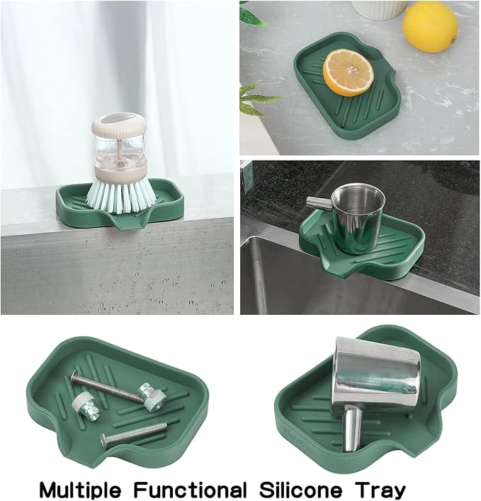 Silicone Bathroom Soap Dishes with Drain Spout-Bathroom and Kitchen Sink Organizer,Sponge Holder,Dish Soap Tray,Perfect for Dispenser,Scrubber,Bottle,Cup on Sink or Counter-Green 4.9"×3.2" - Bloomnest
