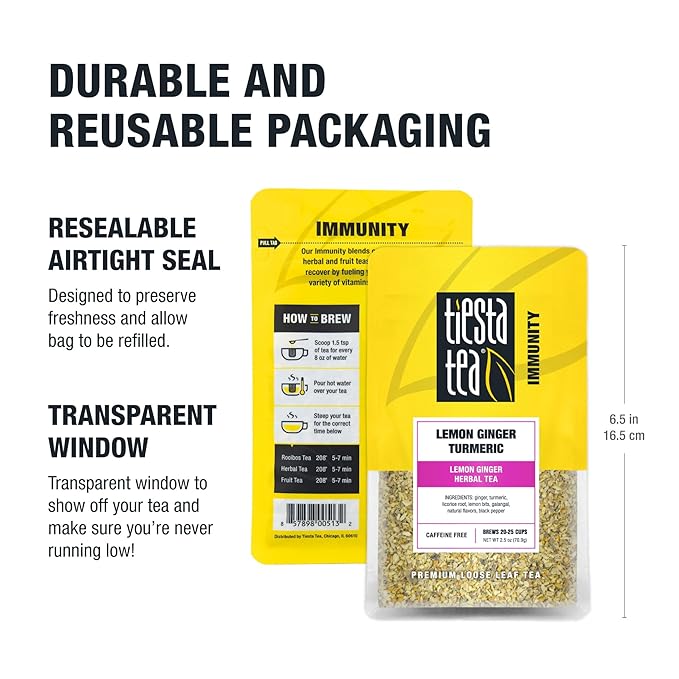 Tiesta Tea - Lemon Ginger Turmeric, Loose Leaf, Lemon Ginger Herbal Tea, Premium Blend, Non Caffeinated Herbal, Make Hot or Iced Brews Up to 25 Cups, 2.5 Ounce Resealable Pouch - Bloomnest