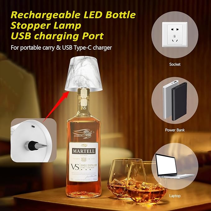 2025 New Bottle Lamp - LED Bottle Lights for Liquor & Wine Bottles, Cordless Lampshade, Whiskey Bottle Top Light, Bottle Stopper Night Light Kit, Rechargeable 3-Tone Touch-Dimmable - Bloomnest