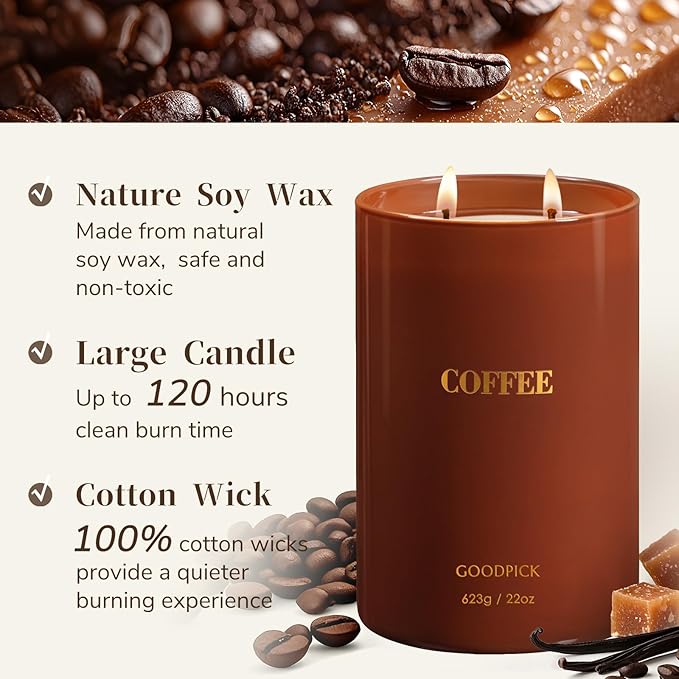 Goodpick Coffee Scented Candle 22 oz, Soy Candles for Home Scented, 120 Hours Burn Time, 2 Wicks - Bloomnest